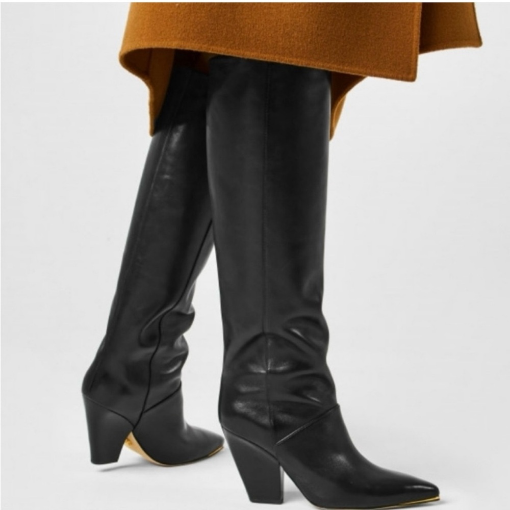 Tory Burch Black Leather Knee-High Heeled Boots with Gold Toe Trim - Picture 2 of 10